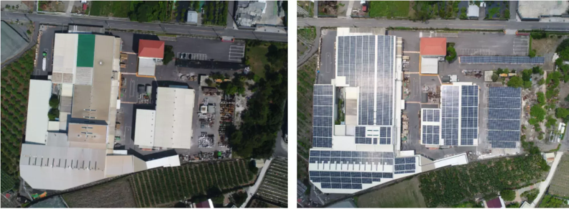 Aerial view of the plant before and after the installation of the solar panels    A renewable energy company was chosen to lead the project because of its experience in solar power. Albert comments: “Collaborating with external experts was important to us as we wanted to complete the project to the highest standard.” The installation was performed within four months.   “I’m happy we were able to come together successfully under the goal of providing green electricity and having a positive impact on the environment,” says Albert. “The teams worked very closely and very hard during the entire process, and we’re all so proud of this achievement.” 