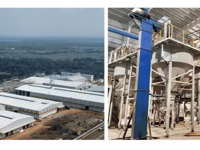 Aerial and internal view of the plant’s basic monolithic refractories production line
