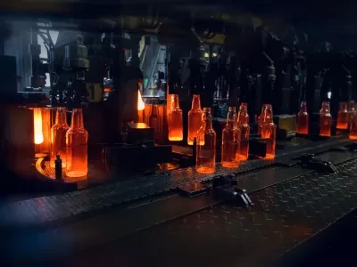 Conveyor belt moving hot glowing glass bottles inside a factory
