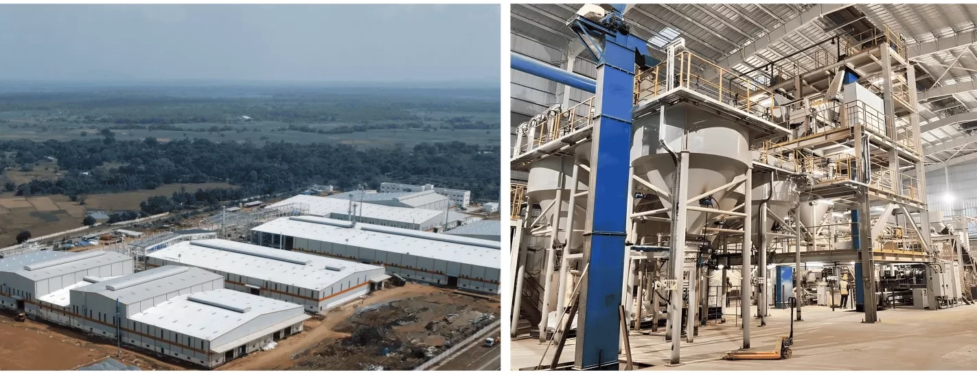 Aerial and internal view of the plant’s basic monolithic refractories production line